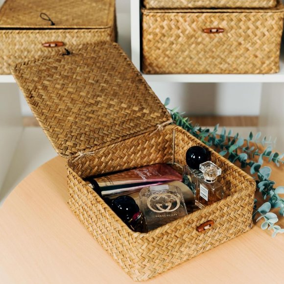 Brown Wicker Woven Storage 4 Seagrass Rattan Storage Containers Organizers - Picture 8 of 9